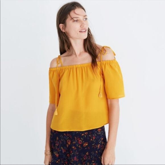 Madewell Yellow Silk Off-the-Shoulder Tie Strap Top - Picture 1 of 6